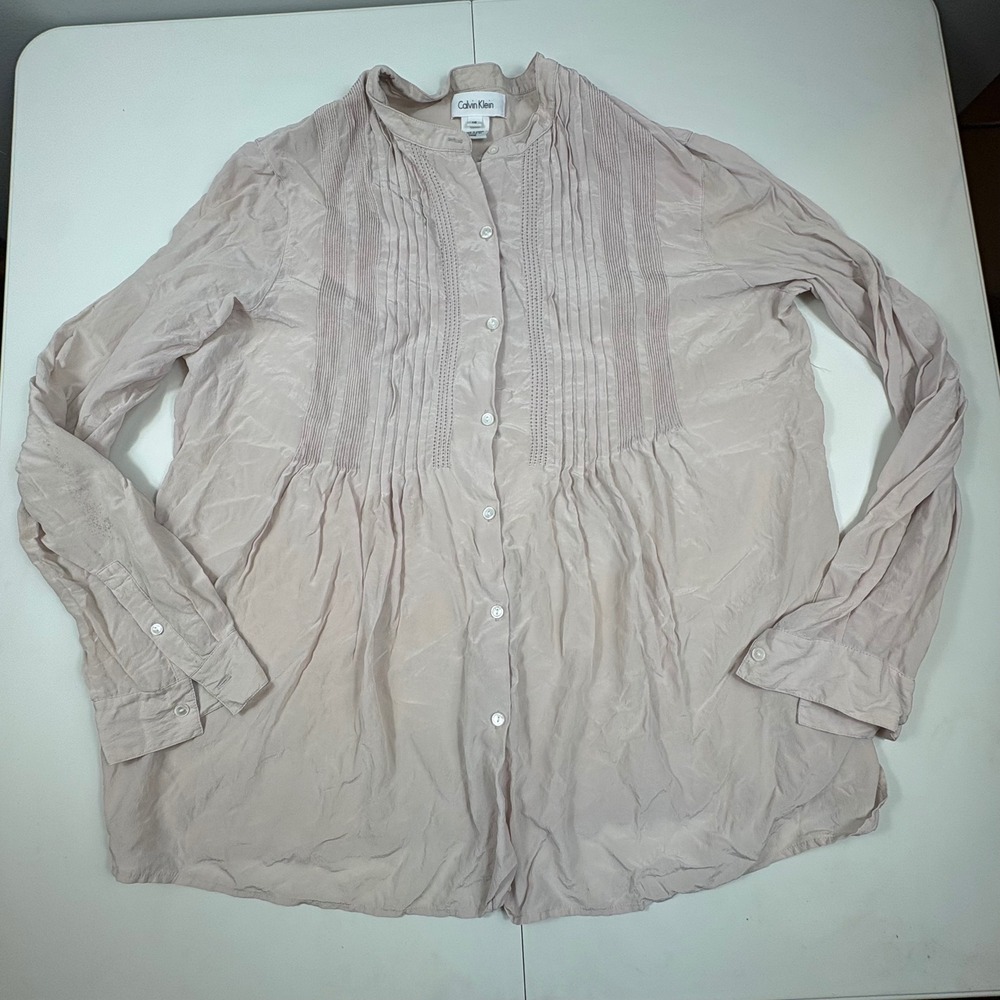 Calvin Klein Womens 16 Pink 100%‎ Silk Pintuck Button Down Blouse Long Sleeve